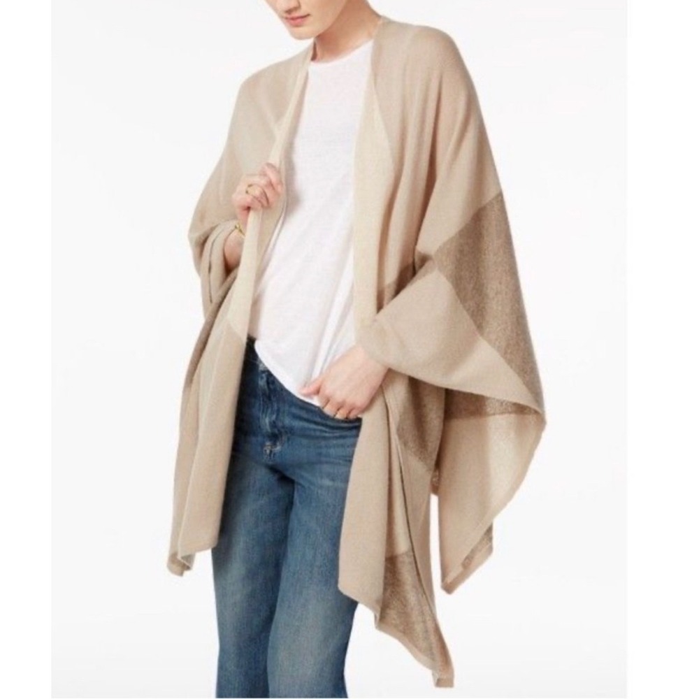 Charter Club Luxury 100% Cashmere Colorblock Ruana Wrap Tan Beige One Size